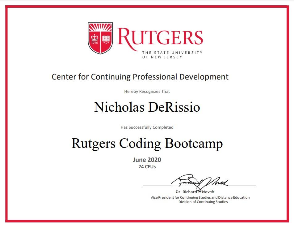 Nicholas' Rutgers Certification